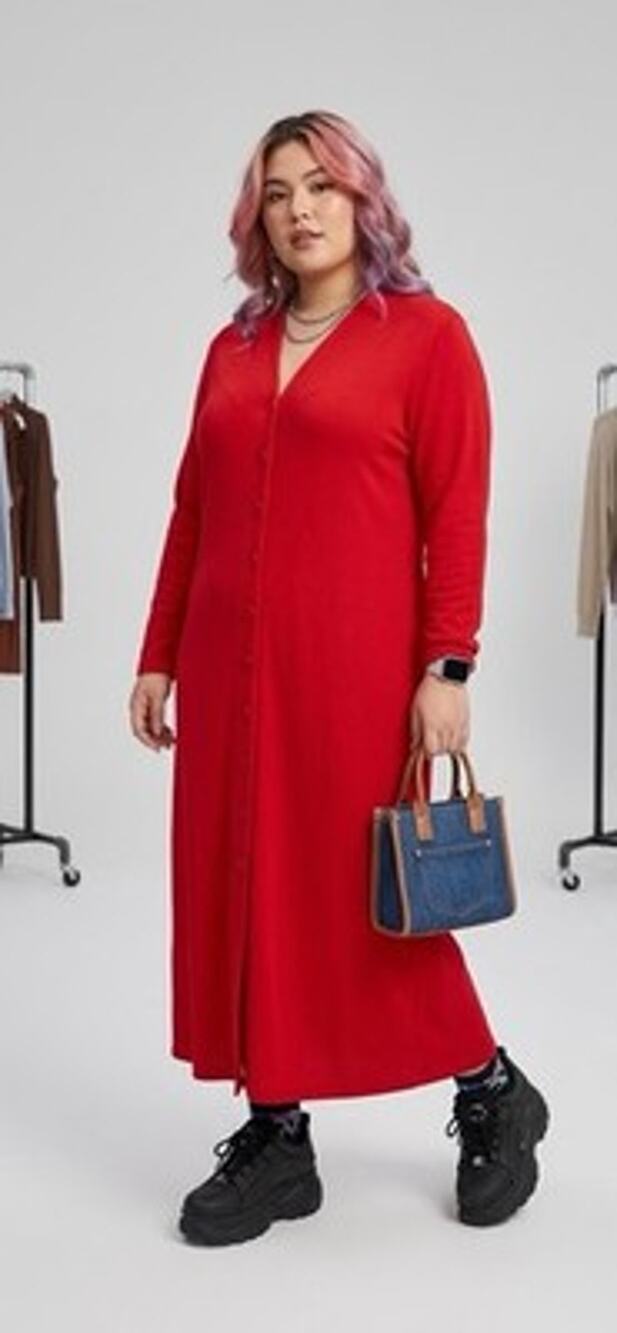 Vintage 1980s MS Chaus Red Maxi Dress V Neck Button Front Long Sleeve Sz 14